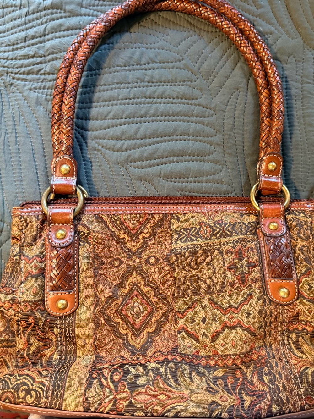 Fossil Woven-Trim Jacquard Shoulder Tote in Brown and Gold